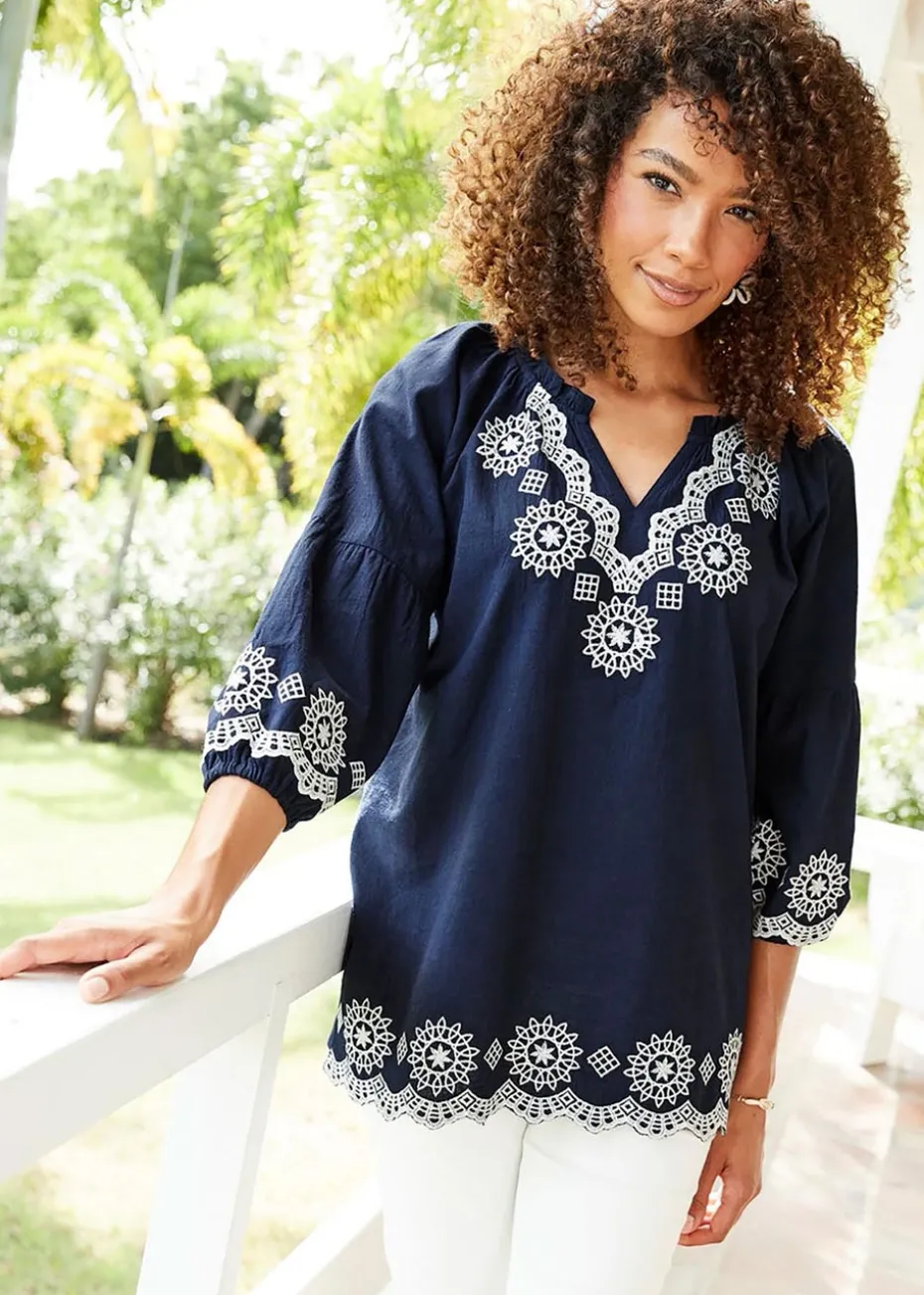 Cotton Traders Dark Blue Embroidered 3/4 Sleeve Top