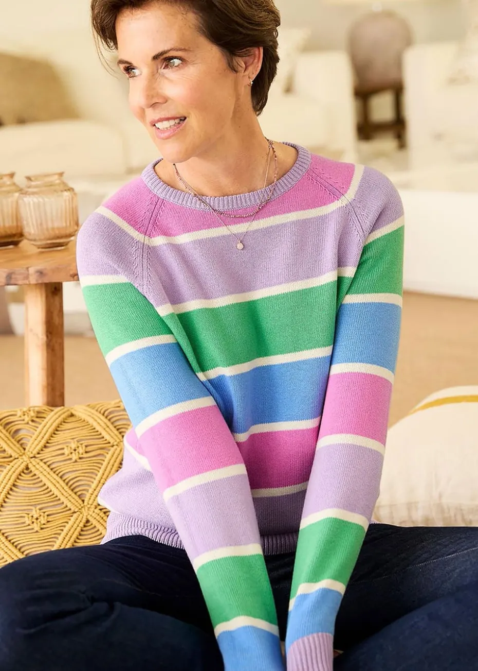 Cotton Traders Deep Lilac Cotton Crew Neck Stripe Jumper