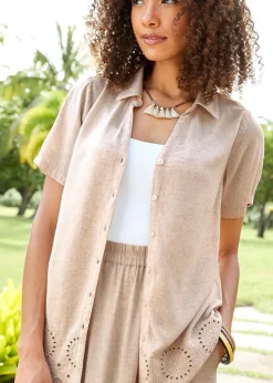 Cotton Traders Ecru Short Sleeve Cut Work Blouse