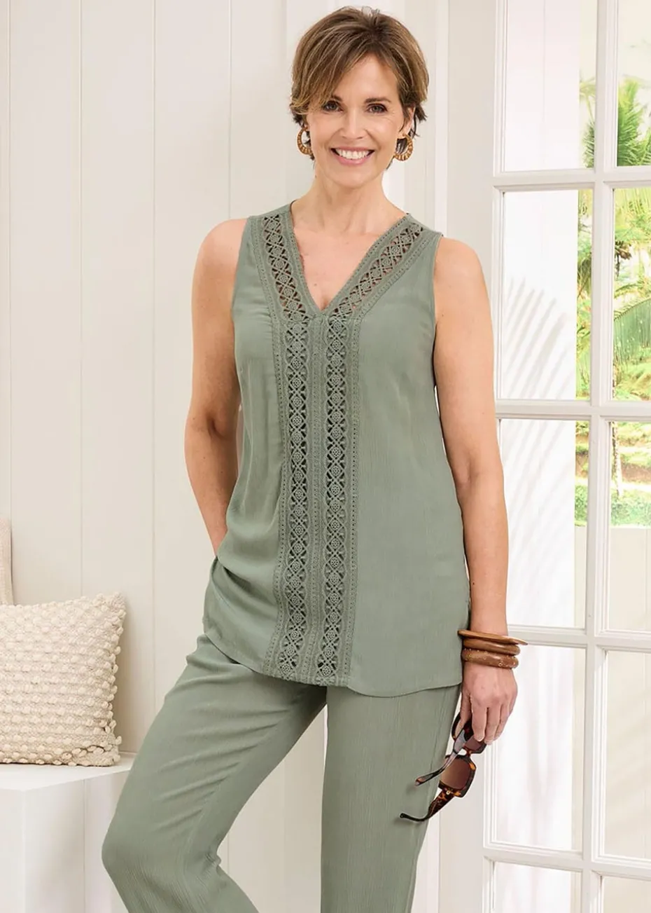 Cotton Traders Grey Green Lace Trim Crinkle Vest