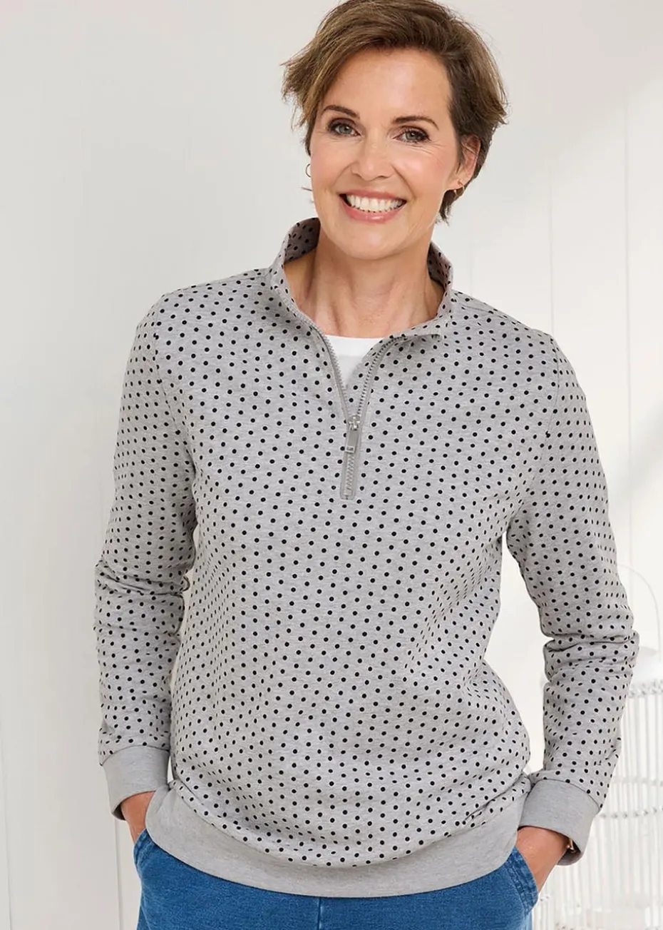 Cotton Traders Grey Marl Print Zip-Neck Sweatshirt