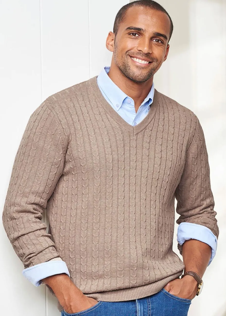 Cotton Traders Linen Cotton V-Neck Cable Jumper