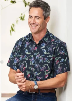 Cotton Traders Midnight Blue  Short Sleeve Soft Touch Print Shirt
