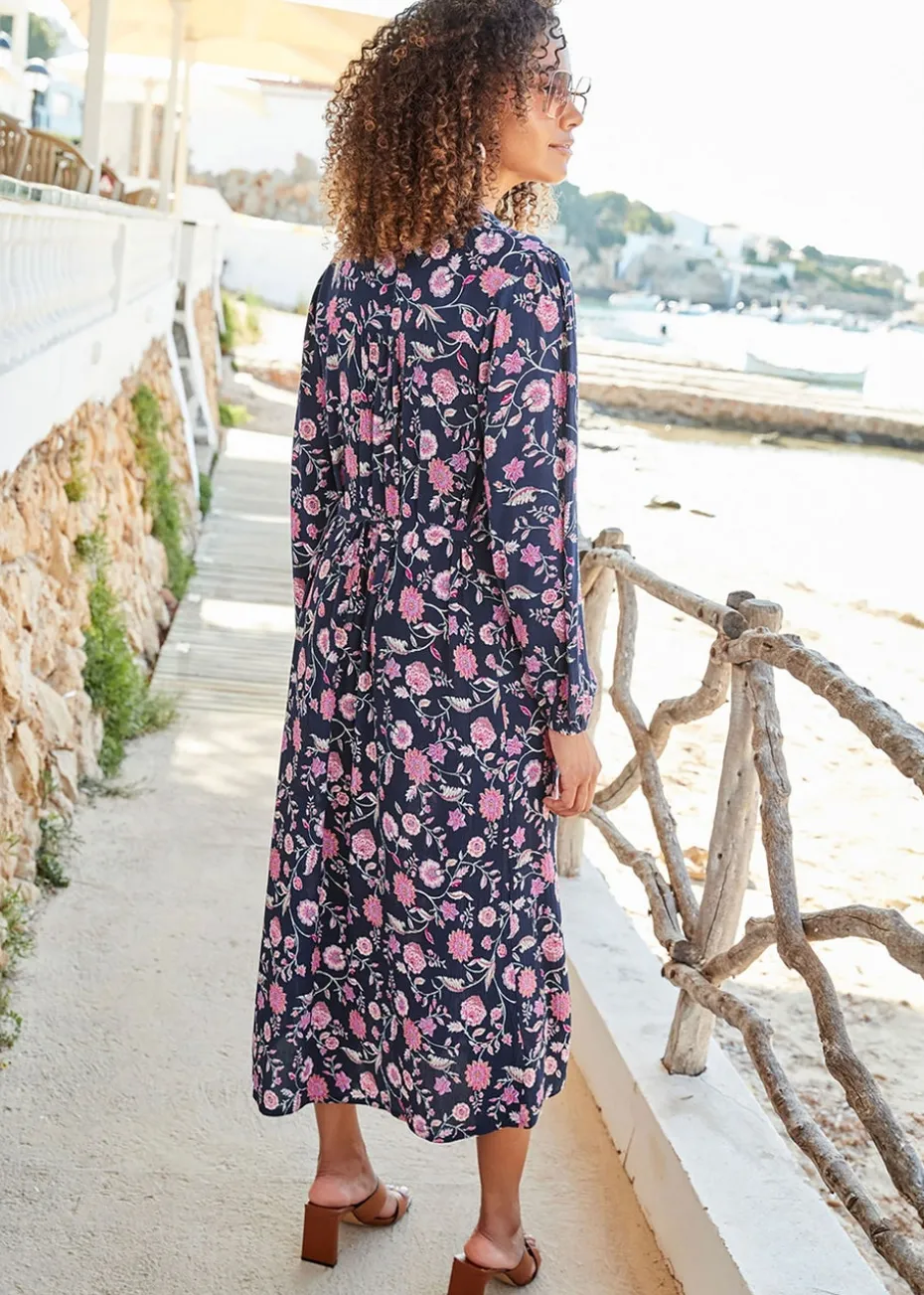 Cotton Traders Navy Pintuck Maxi Dress