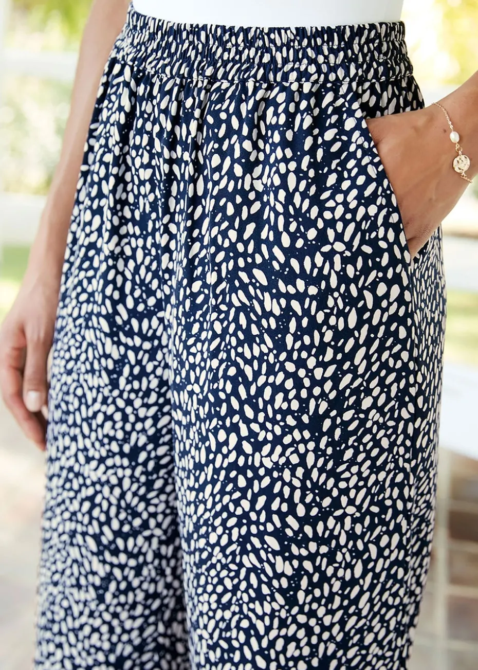 Cotton Traders Navy Printed Wide Leg Trousers 27" (68.5cm) inside leg