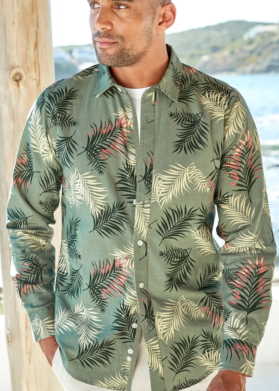Cotton Traders Pale Olive Long Sleeve Cotton-Rich Printed Shirt