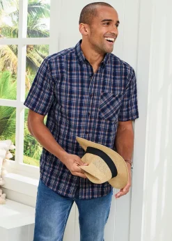 Cotton Traders Pastel Blue Check Seersucker Shirt