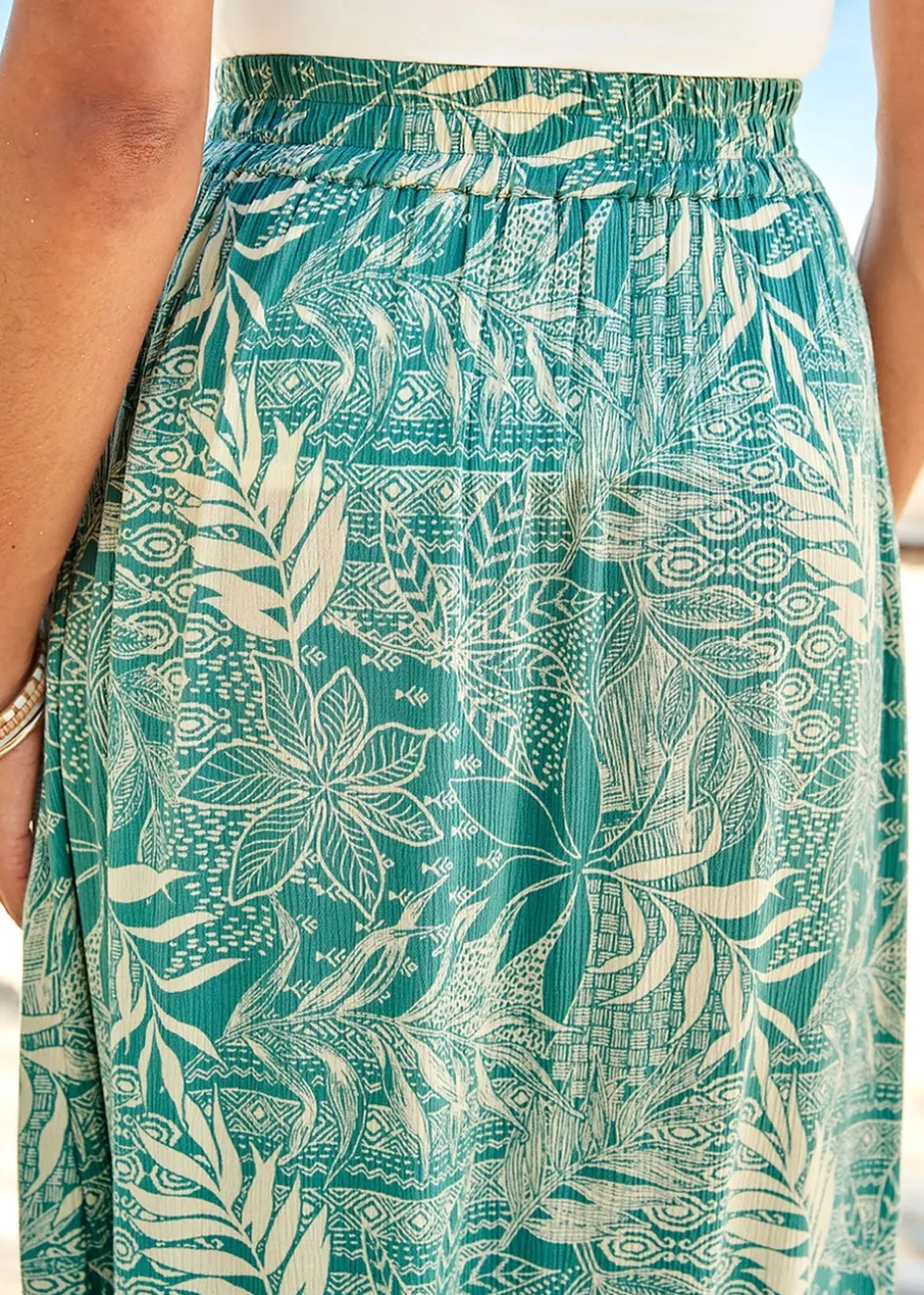 Cotton Traders Sea Green Pull-On Printed Crinkle Maxi Skirt