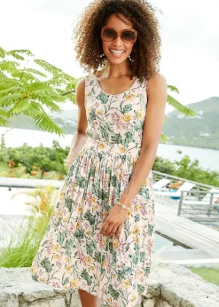 Cotton Traders Warm Cream Printed Crinkle Short Dress