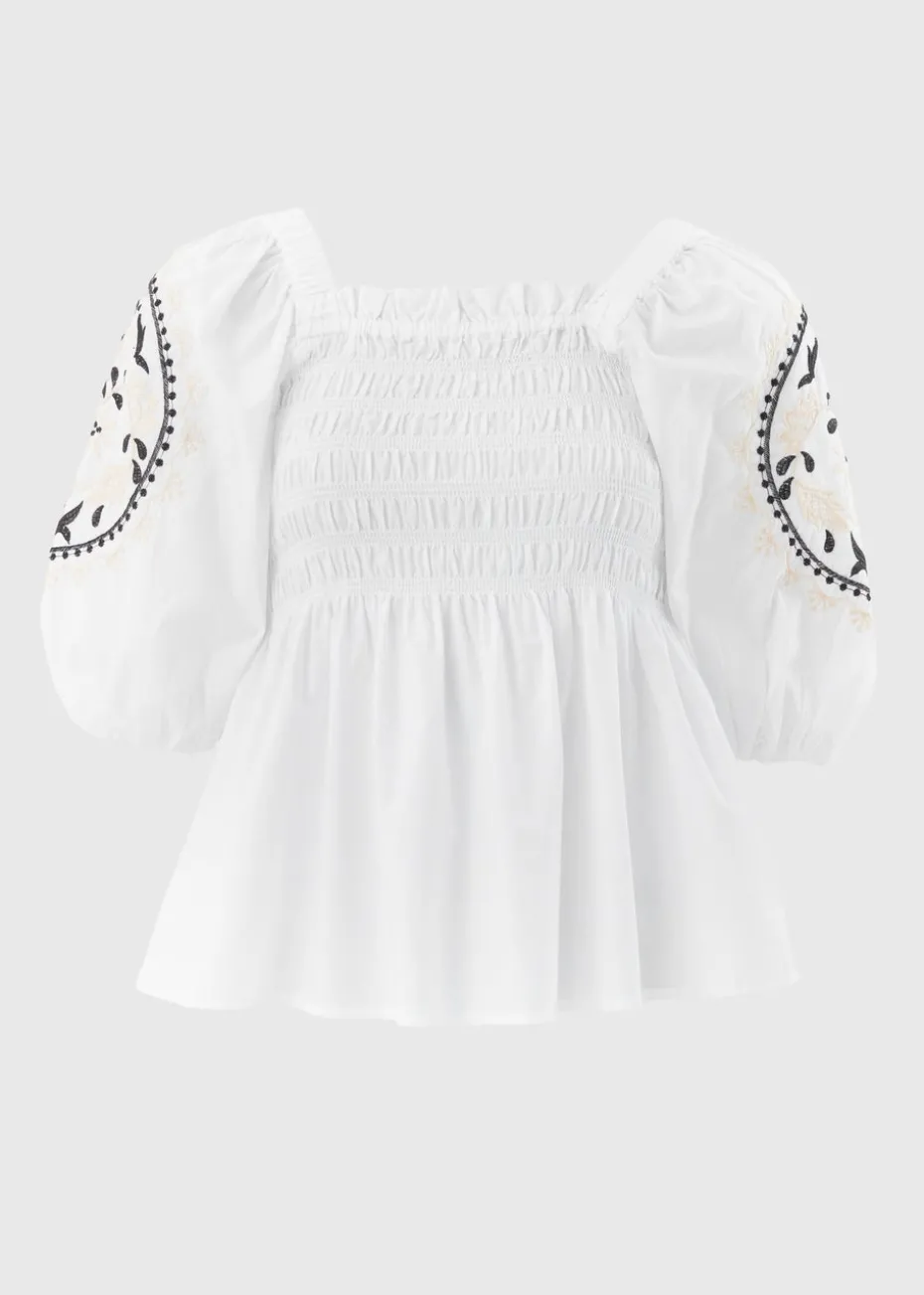 Cream Embroidered Shirred Blouse