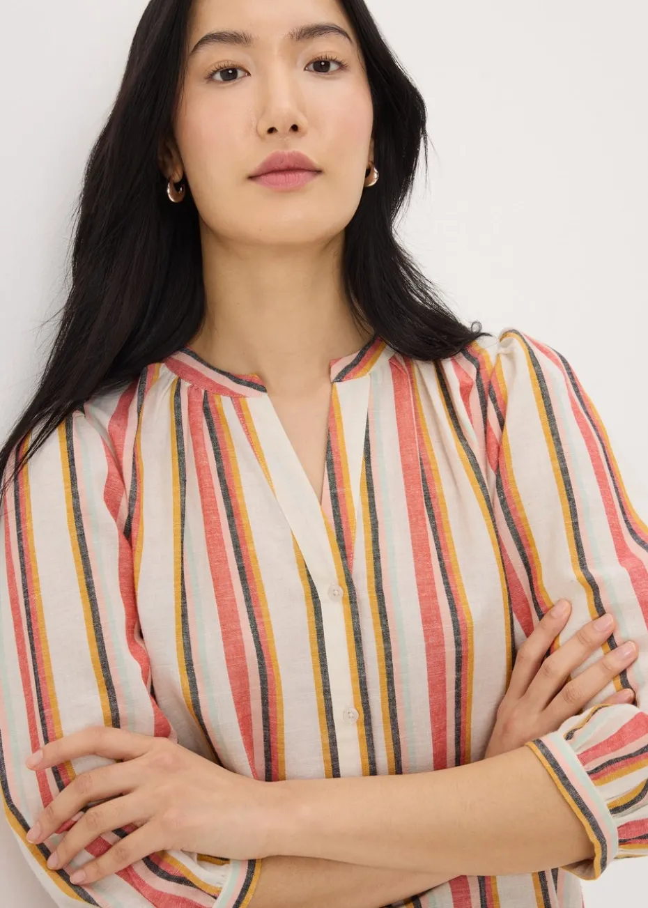 Cream Linen Blend Stripe 3/4 Sleeve Blouse