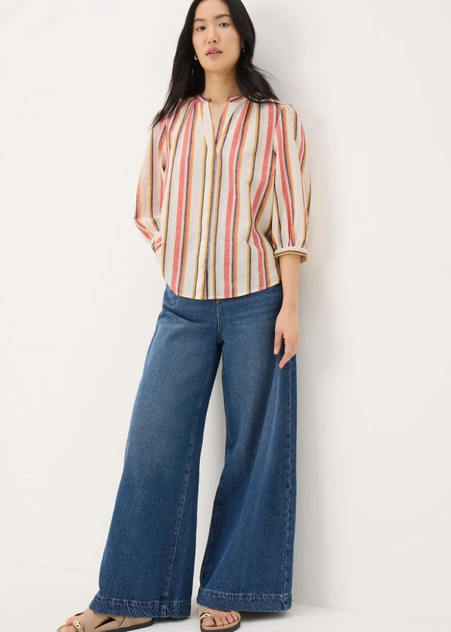 Cream Linen Blend Stripe 3/4 Sleeve Blouse