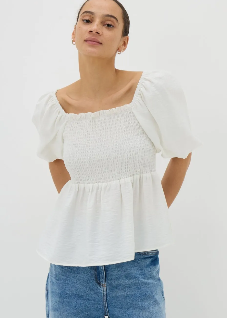 Cream Shirred Tie Back Blouse
