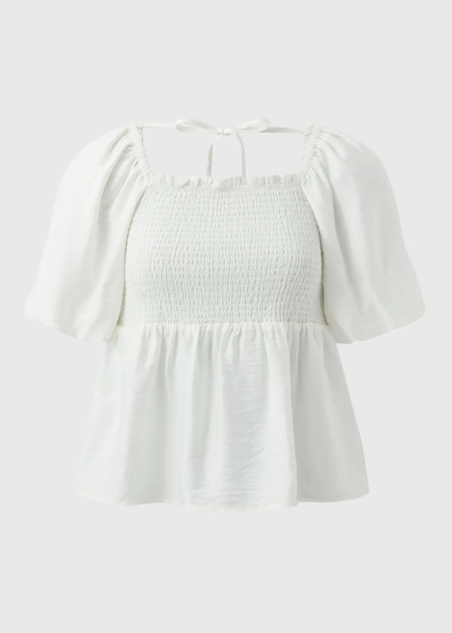 Cream Shirred Tie Back Blouse