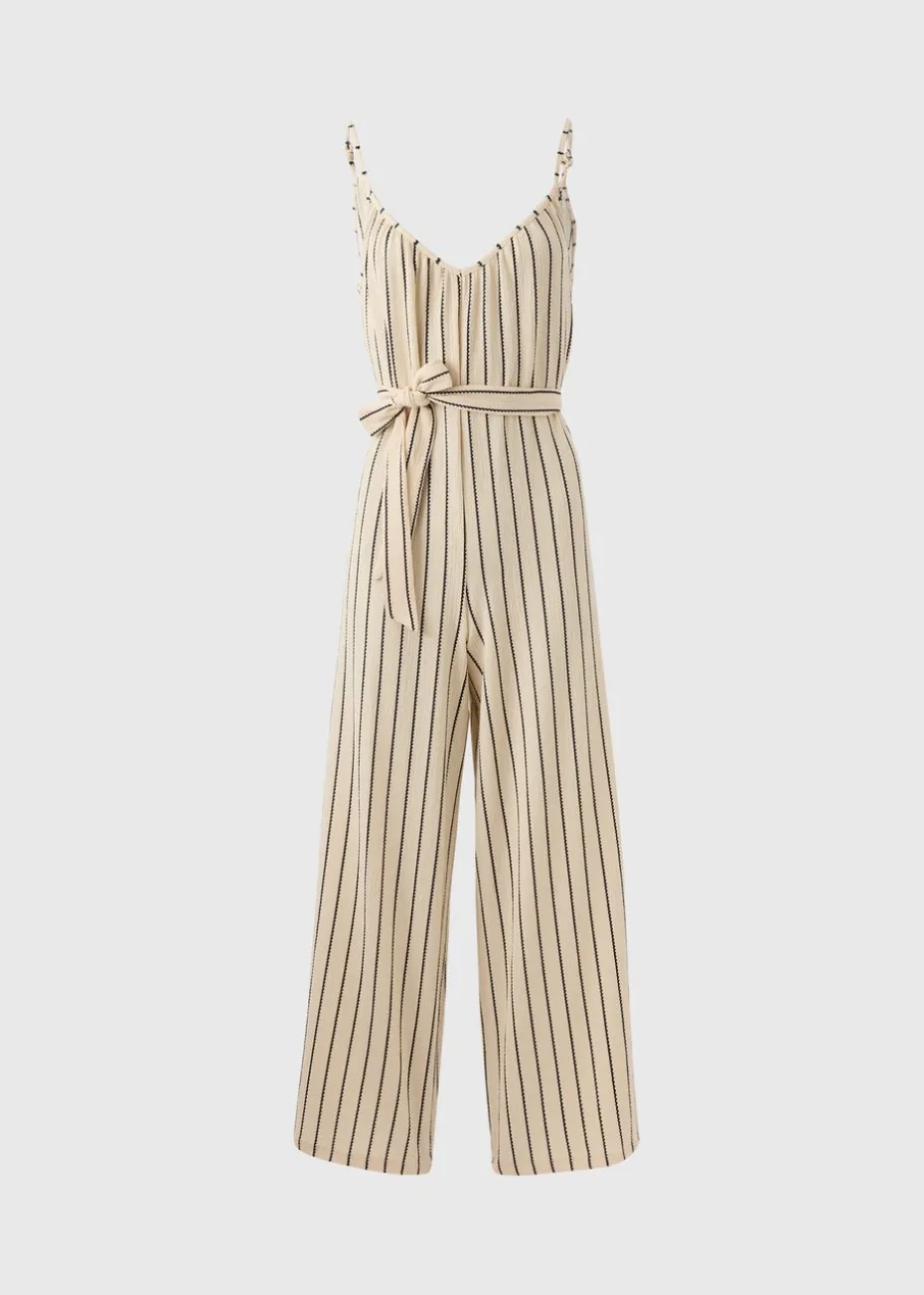 Cream Stripe Wide Leg Jersey Jumpsuit