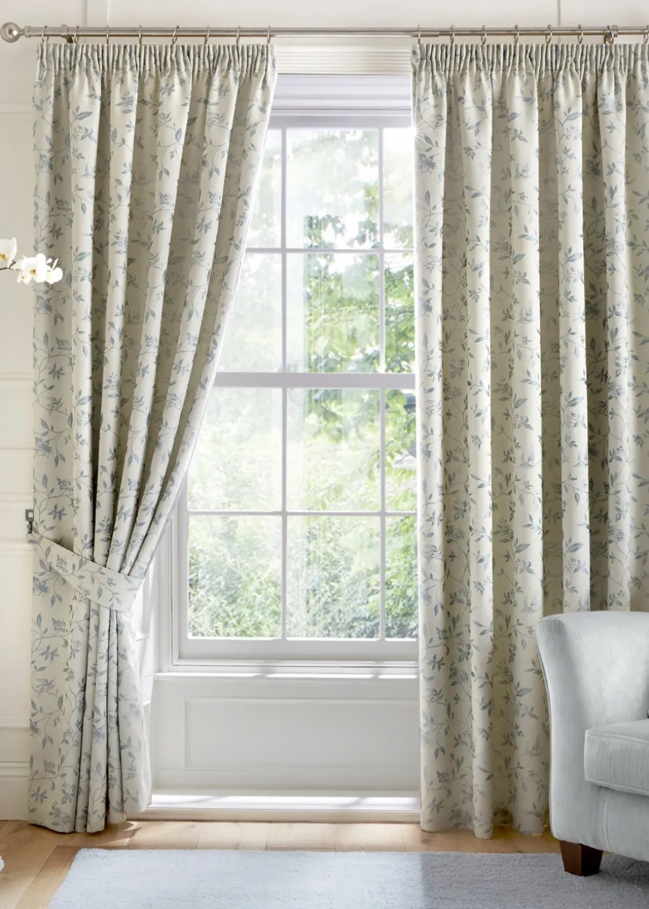 Curtina Bird Trail Jacquard Blue Pencil Pleat Curtains