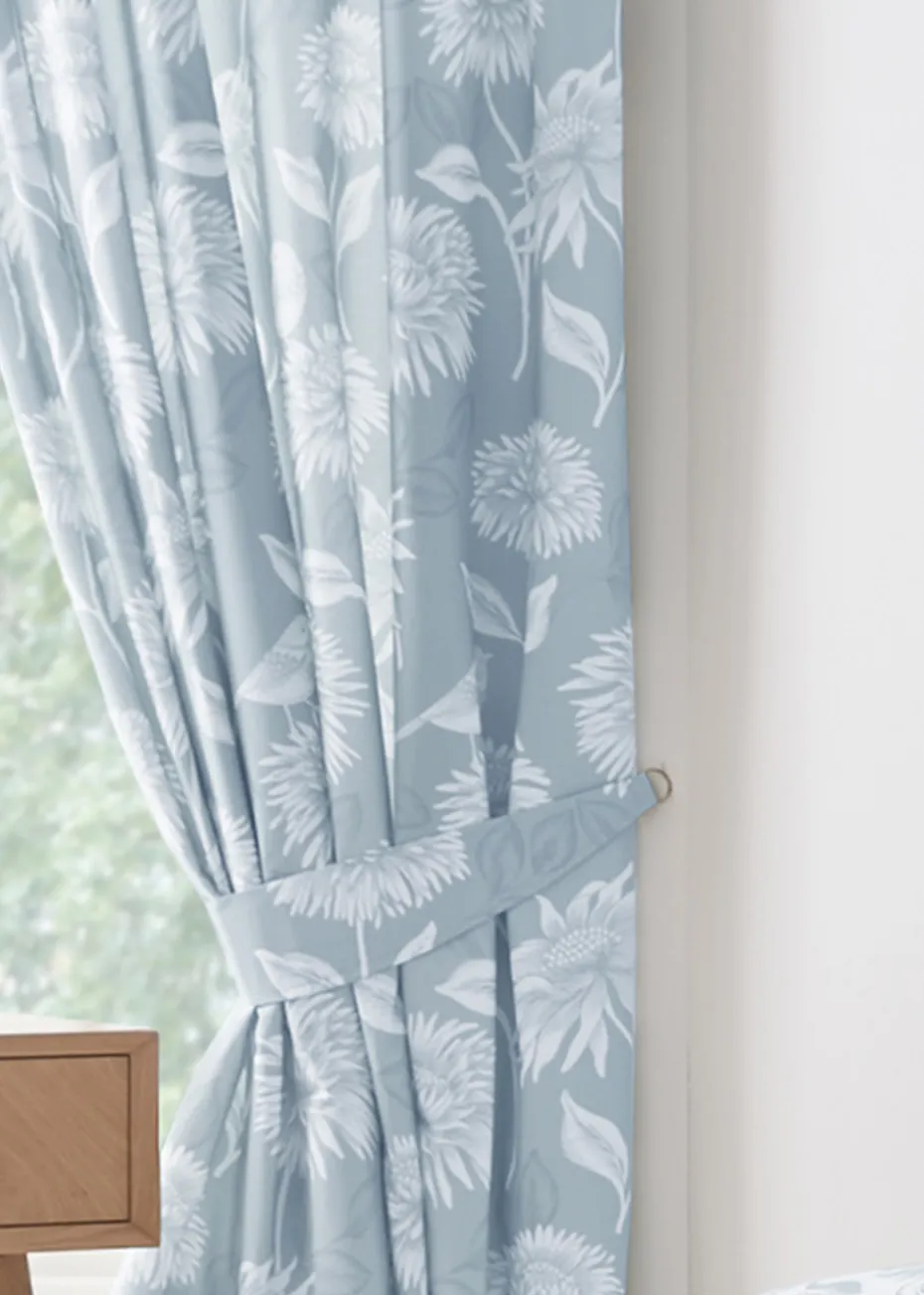 Dreams & Drapes Design Chrysanthemum Blue Pencil Pleat Curtains With Tie-Backs