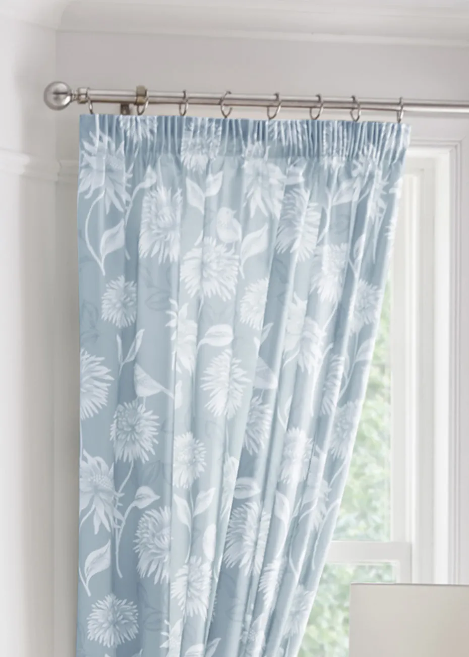 Dreams & Drapes Design Chrysanthemum Blue Pencil Pleat Curtains With Tie-Backs