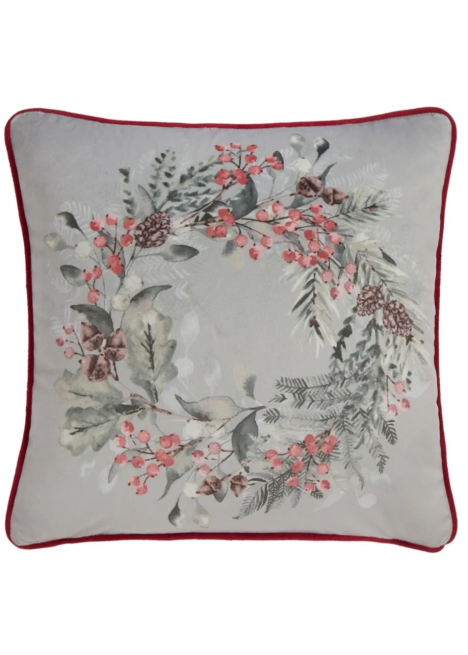 Dreams & Drapes Lodge Winter Sprigs Christmas Green Velvet Filled Cushion (43cm x 43cm)