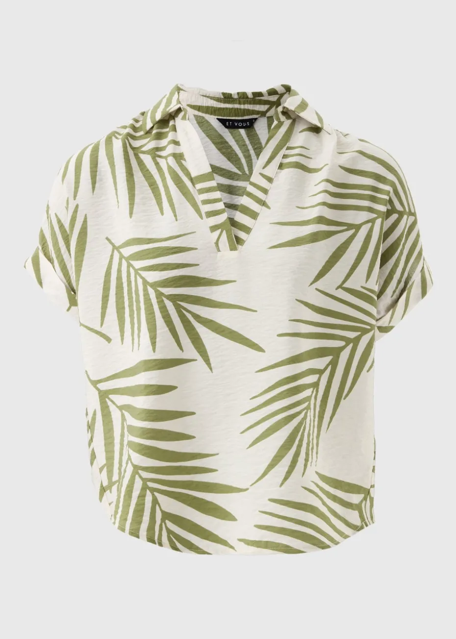 Et Vous Green Palm Print Airflow V-Neck Blouse