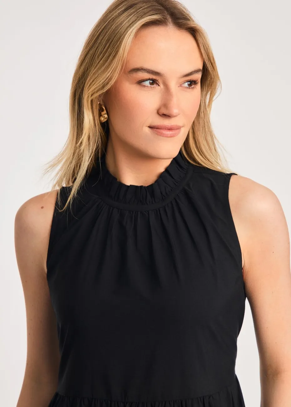 French Connection Black Cotton Blend Sleeveless Poplin Tiered Midi Dress