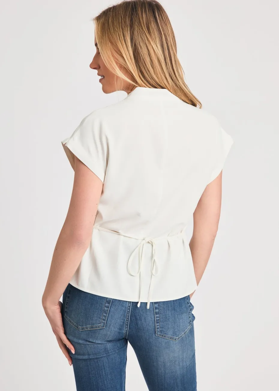 French Connection White V-Neck Button Up Short Sleeve Crepe Blouse
