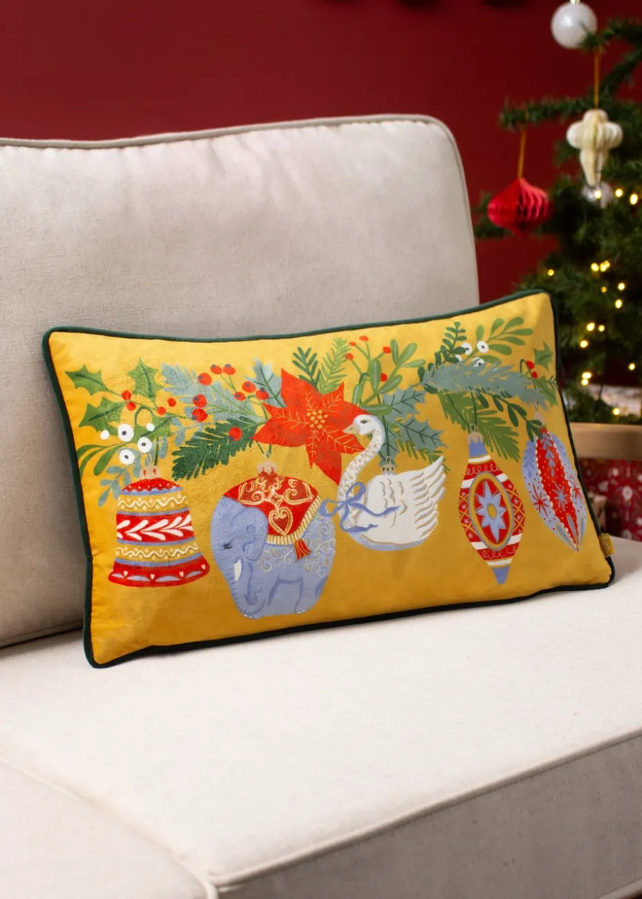 furn. Deck The Halls Baubles Velvet Filled Cushion (30cm x 50cm x 8cm)