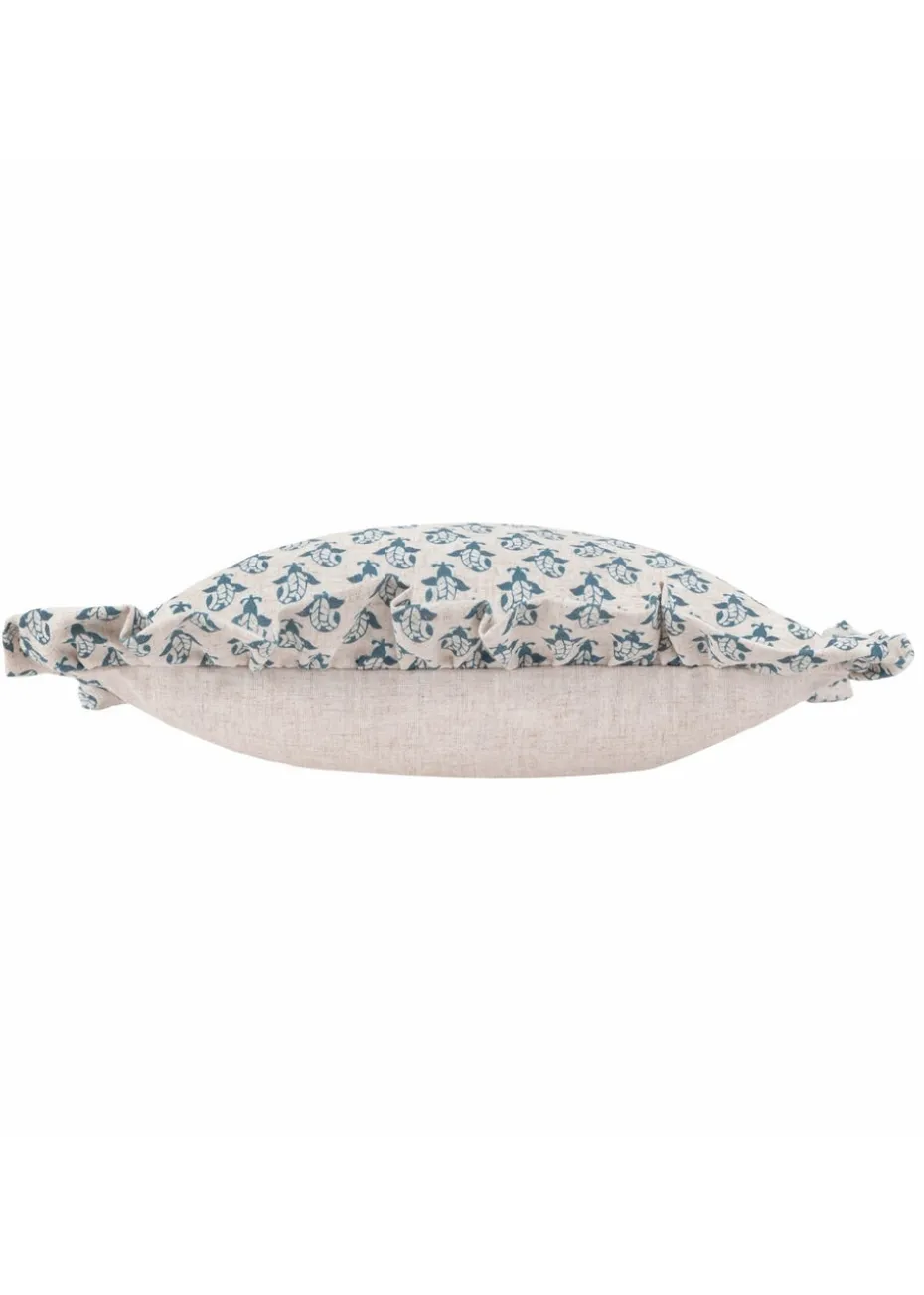 Furn Lulah Block Printed Ruffle Blue Cushion (45 x 45 x 8 cm)