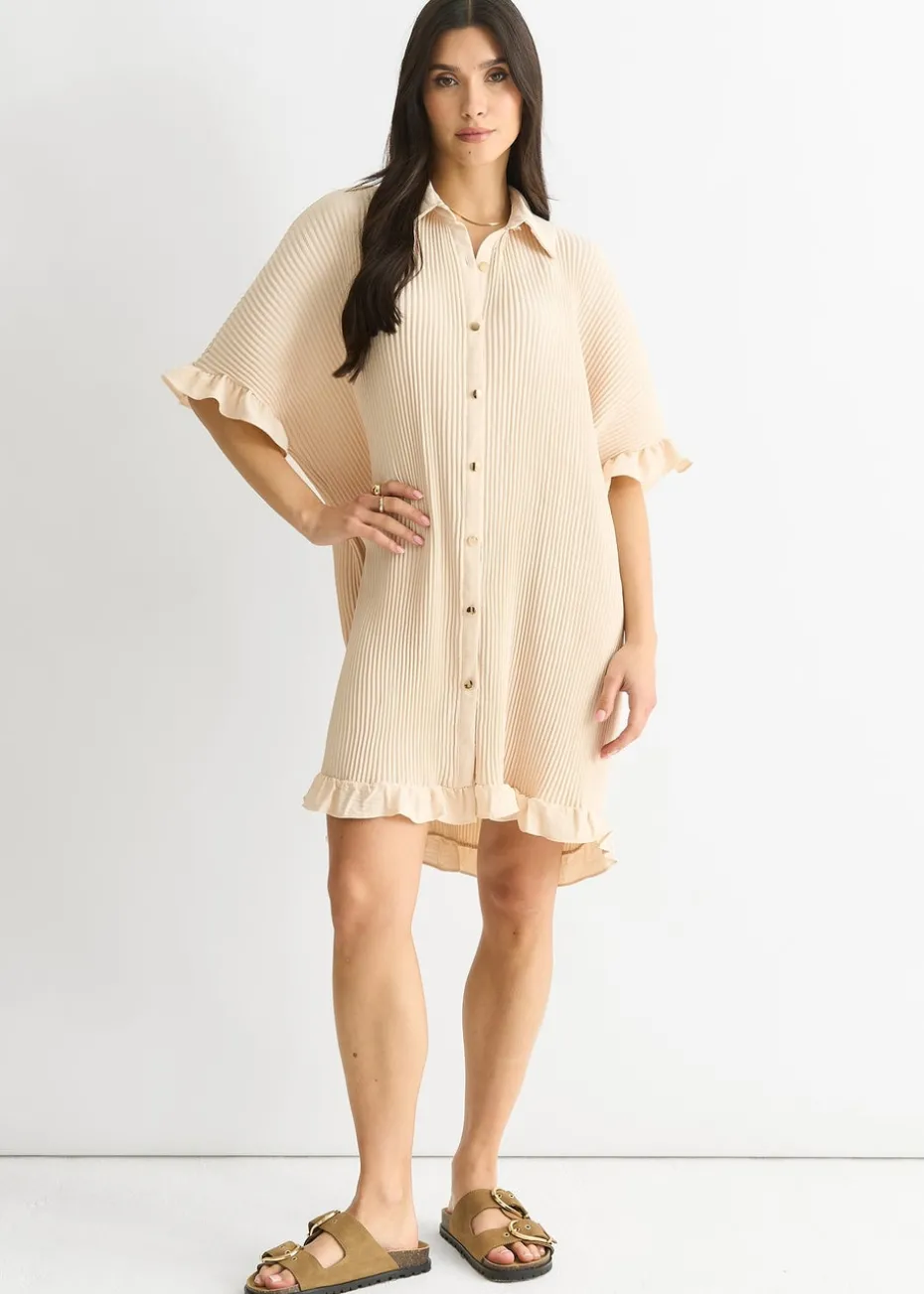 Gini London Beige Plisse Frill Detail Oversized Shirt Dress