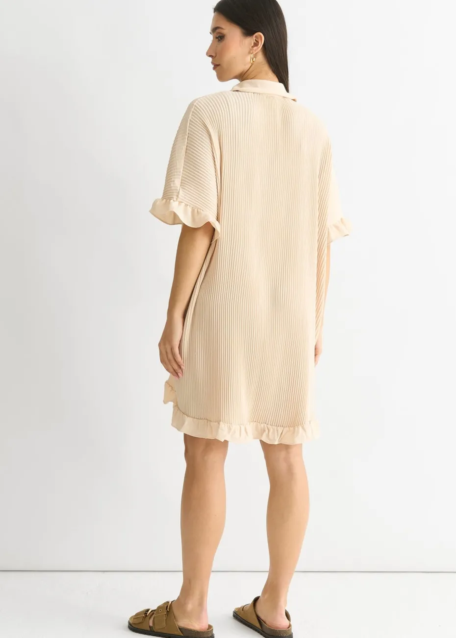 Gini London Beige Plisse Frill Detail Oversized Shirt Dress