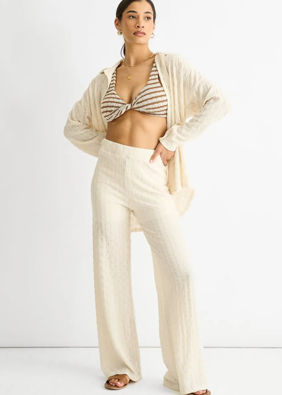 Gini London Beige Textured Elasticated Waist Flared Trousers