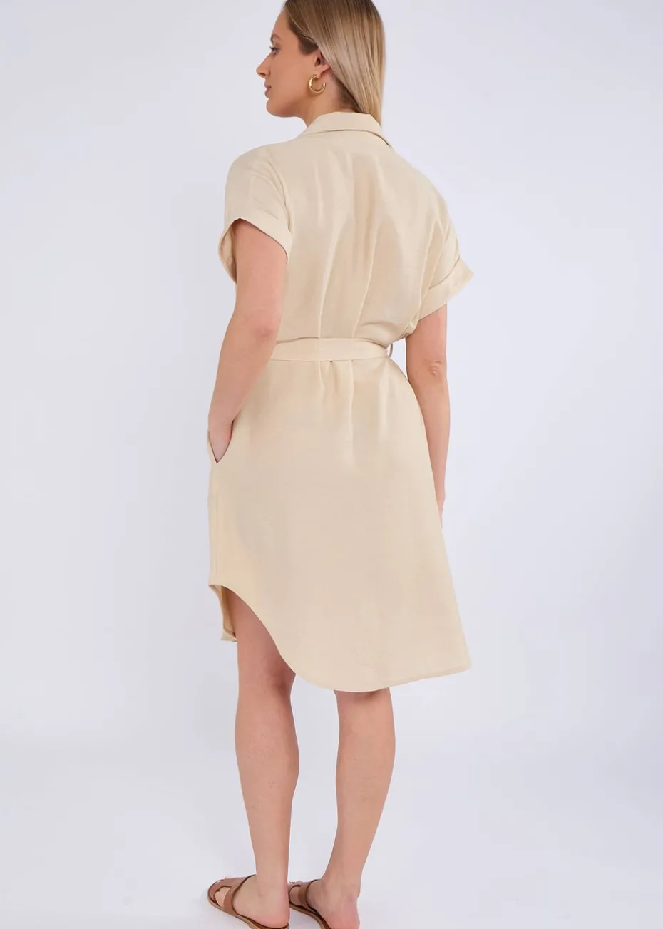 Gini London Beige Utility Belted Oversized Viscose Shirt Dress