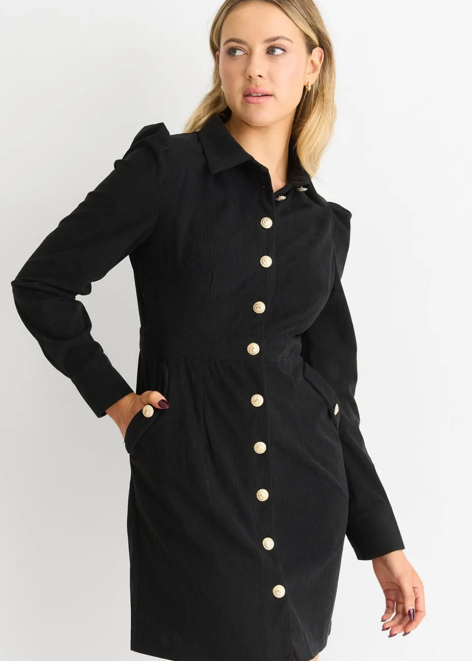 Gini London Black Corduroy Mini Shirt Dress