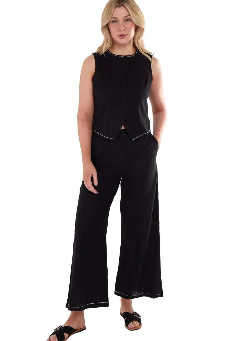 Gini London Black Cotton Contrast Stitch Detail Waist Coat
