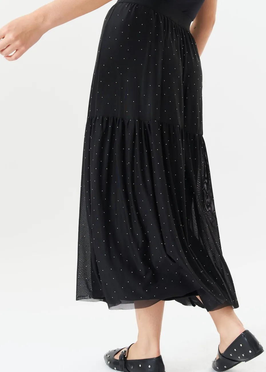 Gini London Black Diamante Mesh Maxi Skirt