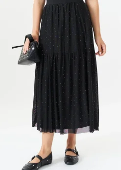 Gini London Black Diamante Mesh Maxi Skirt