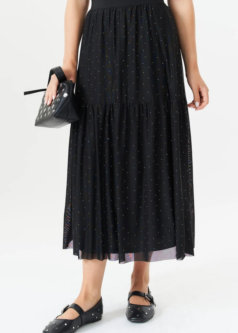 Gini London Black Diamante Mesh Maxi Skirt
