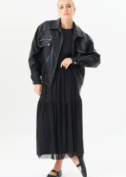 Gini London Black Diamante Mesh Maxi Skirt