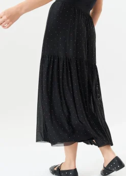 Gini London Black Diamante Mesh Maxi Skirt
