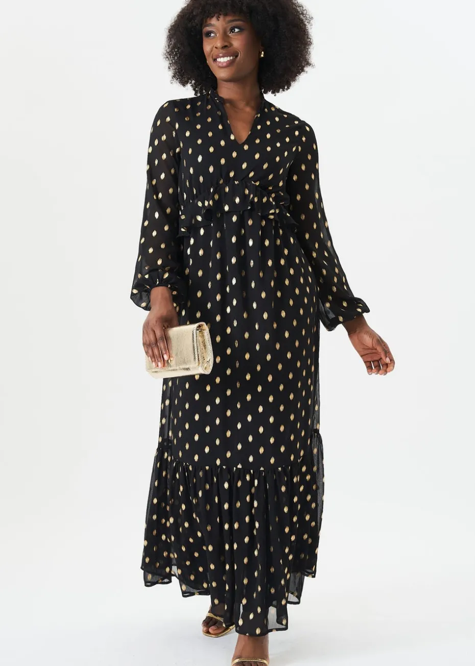 Gini London Black Foil Print Ruffle Midi Dress
