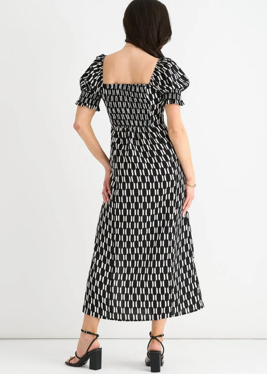 Gini London Black Geo Print Square Neck Midi Dress