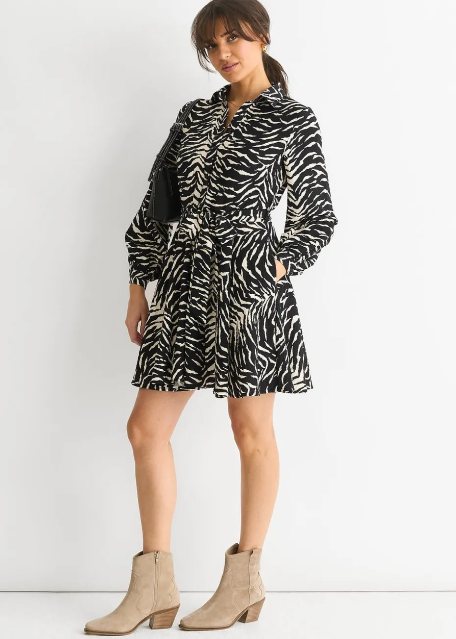 Gini London Black/ Gold Zebra Belted Shirt Dress