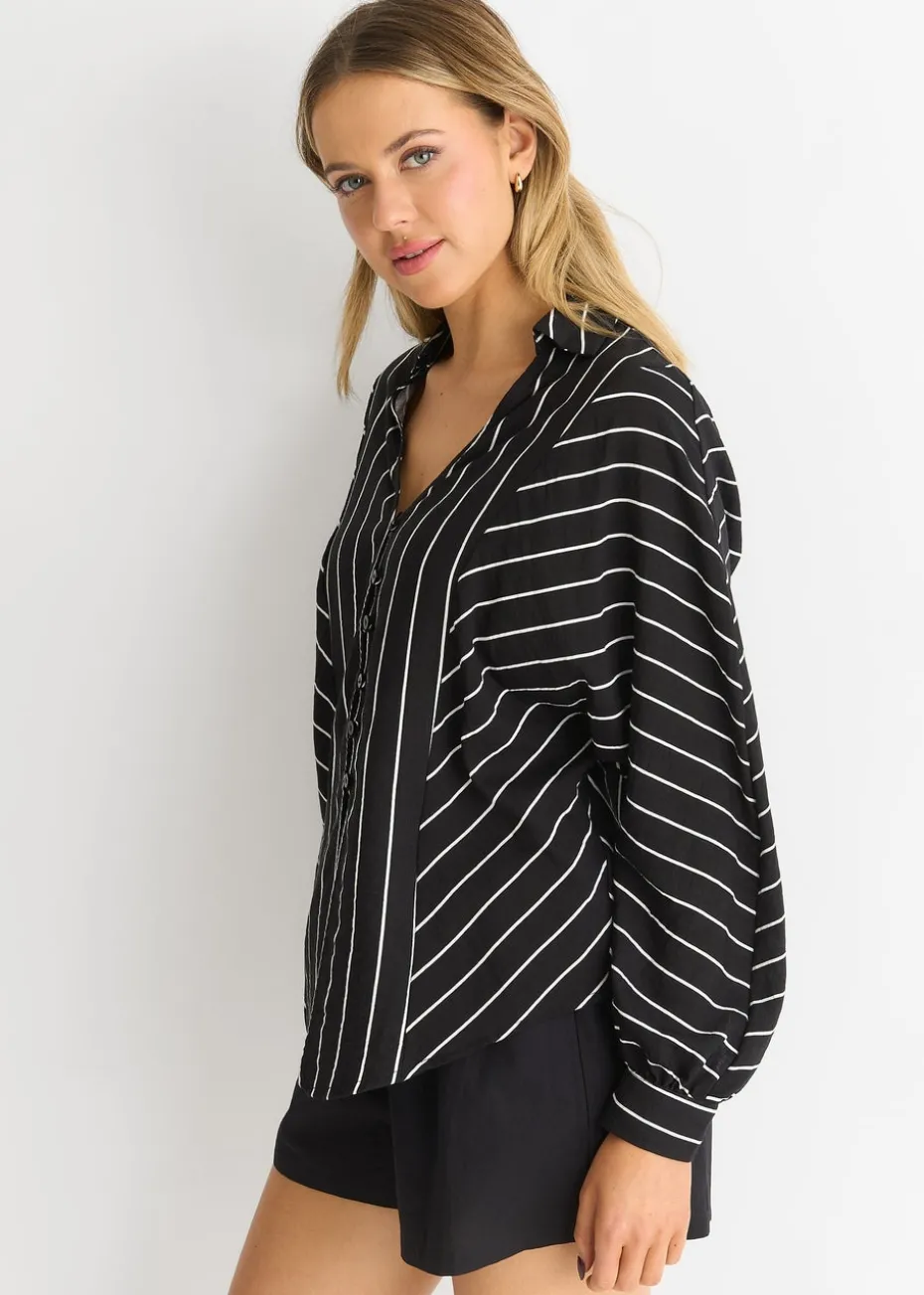 Gini London Black Long Sleeve Batwing Stripe Shirt