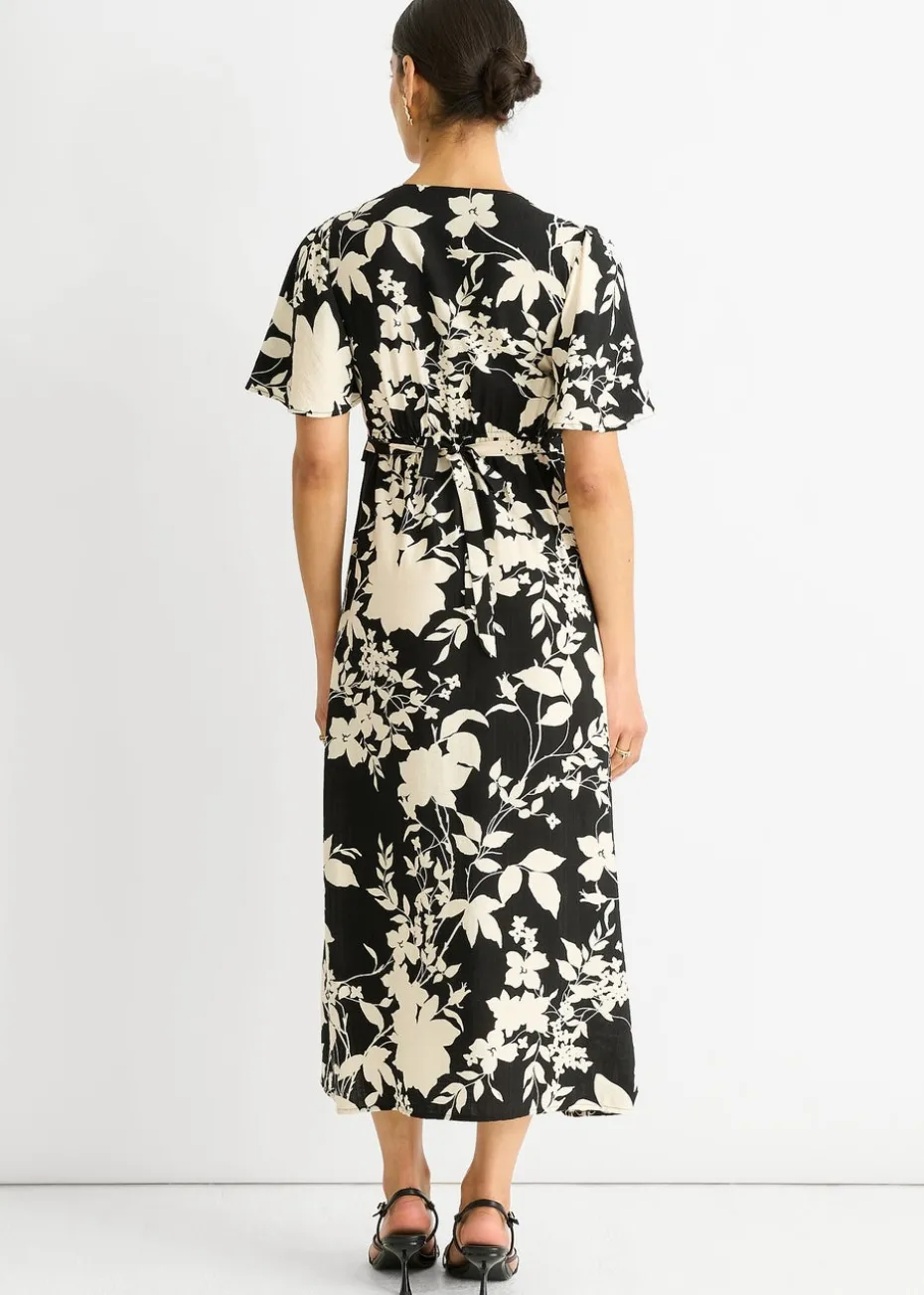 Gini London Black Mono Ruffle V Neck Viscose Midi Dress