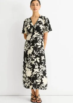 Gini London Black Mono Ruffle V Neck Viscose Midi Dress