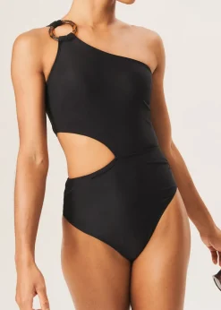 Gini London Black One Shoulder Ring Detail Cutout Swimsuit