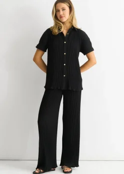Gini London Black Plisse Short Sleeve Oversized Shirt