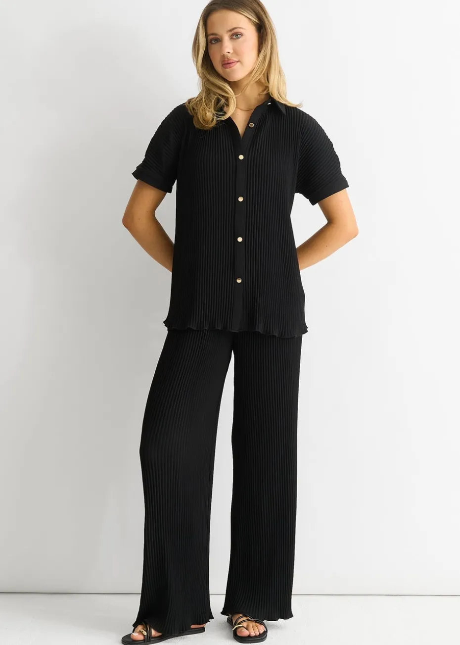 Gini London Black Plisse Short Sleeve Oversized Shirt