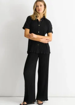 Gini London Black Plisse Short Sleeve Oversized Shirt