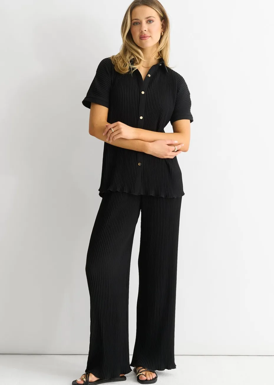 Gini London Black Plisse Short Sleeve Oversized Shirt